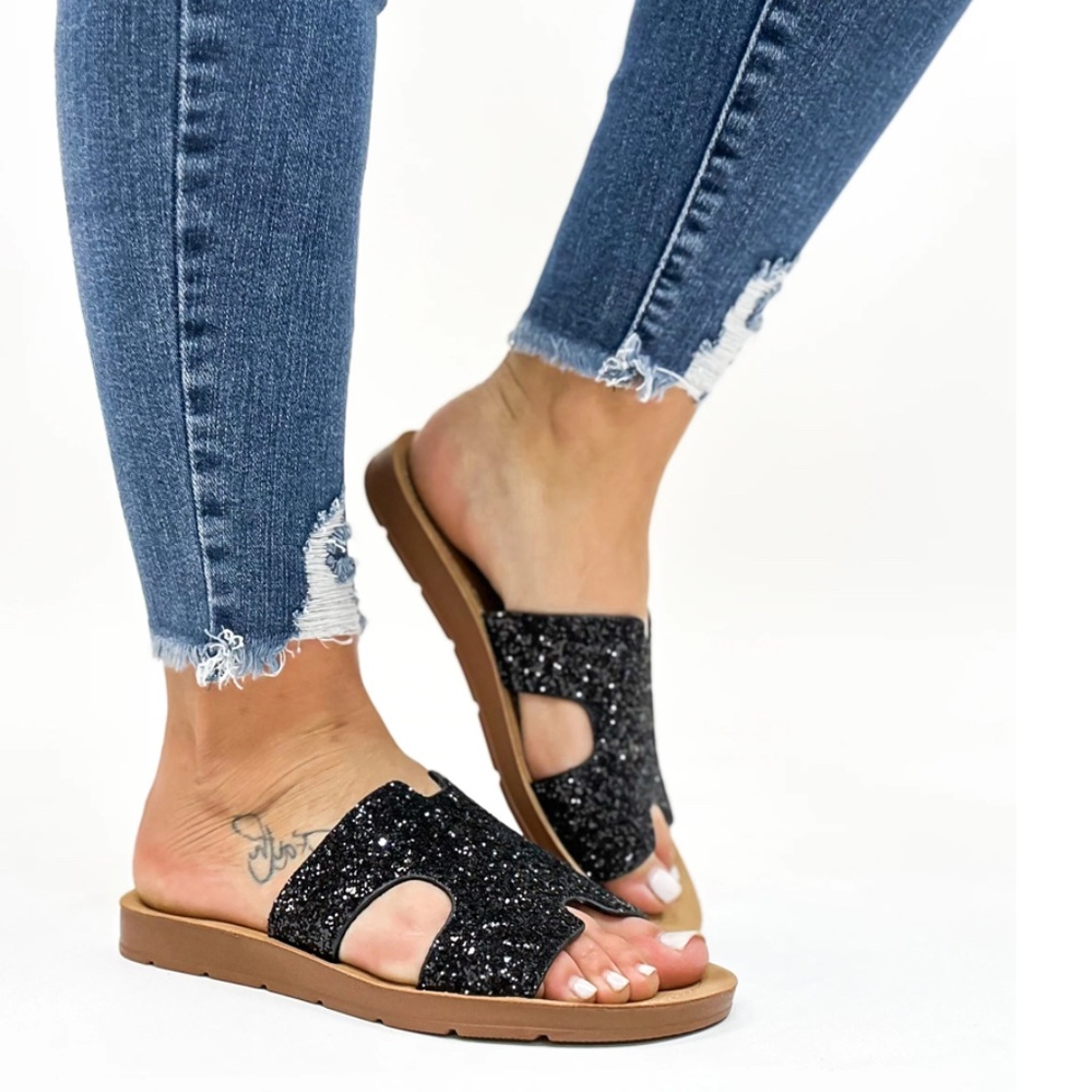 NWOT Corky's Black Chunky Glitter Bogalusa Sandals - Size 10